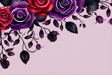 Purple flower border watercolor illustration: Hand drawing style flowers, red rose PNG, Halloween invitation cards, and available for gothic weddings generative ai