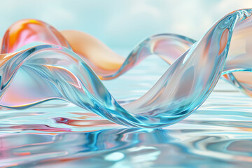 3d render abstract background in nature landscape. Transparent glossy glass ribbon on water. 