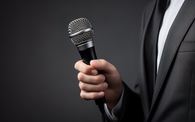A person wearing a black suit is holding a microphone. generative AI
