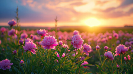 Beautiful view of a field of wild peonies at sunset - obrazy, fototapety, plakaty