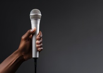 A person holding a microphone on a gray background. generative AI