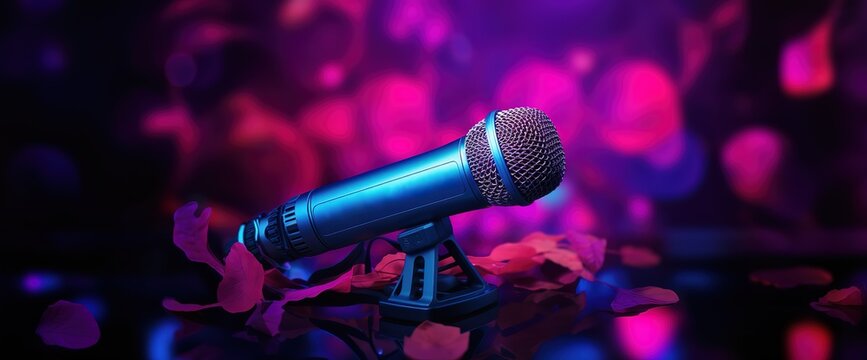 A microphone is photographed against a background of twinkling purple and pink lights