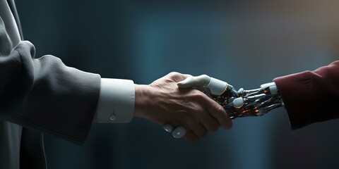 Human and robot handshake representing AI collaboration. modern technology meets tradition. future concept. AI