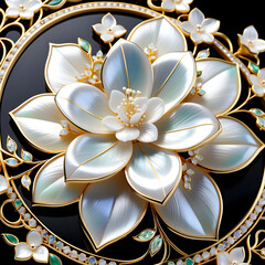 AI prompt: 4K+ graphic of an intricate jasmine flower with mother-of-pearl, gemstones, and gold for a captivating atmosphere.(Generative AI) 