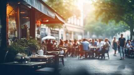 Customers enjoying drinks at a bustling outdoor cafe shaded by trees on a bright sunny day.