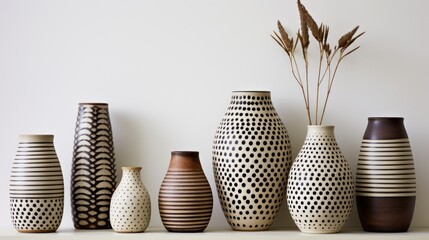 Assorted decorative vases with unique patterns on a white background, showcasing design and symmetry. - obrazy, fototapety, plakaty