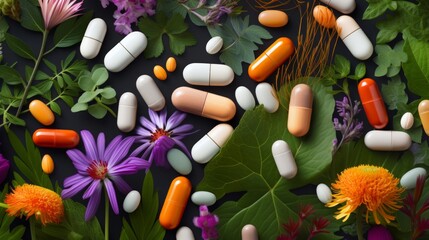 A contrasting composition of modern pharmaceutical pills intermixed with vibrant herbal plants on a dark background. - obrazy, fototapety, plakaty