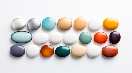 Neatly arranged rows of pills showcasing a variety of colors and shapes on a clean white background.