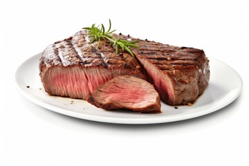 Flavorful Sirloin Steak Cut, Cooked to Medium Rare, on an Isolated White Surface, Generative AI