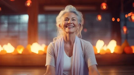 Fotobehang Radiant older female yogi with a joyful expression in a warm, light-filled yoga studio setting. © red_orange_stock