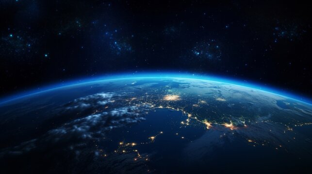Stunning view of Earth from space with city lights illuminating the darkness.