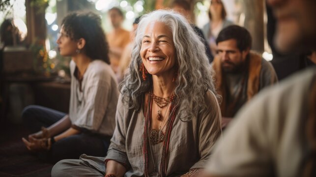 A serene mature woman with a radiant smile meditating in a group setting, exuding calm and tranquility.