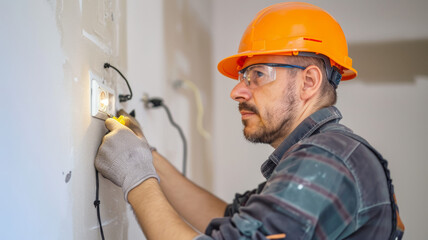 A male electrician works in a switchboard with an electrical connecting cable.