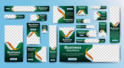 Business Solution web ads banner template design. Modern green layout background. vector