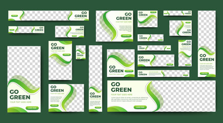 Go Green web banners template design for ads. Abstract green banner set with multisize for multipurpose. vector