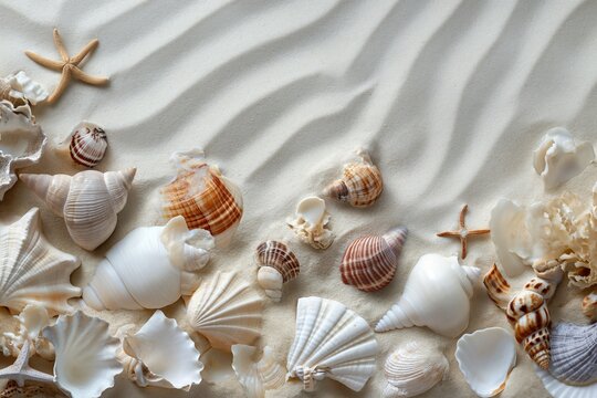Pretty shells and casings on the beach sand, like jewels decorating the sandy shore.
generative ai