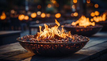 Glowing flames heat the wood, cooking a delicious outdoor meal generative AI
