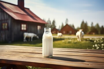 A bottle of milk in the photo on the Background of a cow farm. generative AI