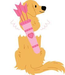 Golden Retriever with wings costume and arrow holder illustration, dog angel happy Valentines day