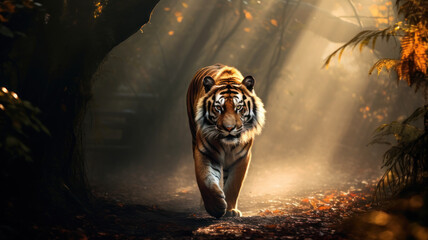 realistic tiger with bushy tail and black ears, walking on a dirt path through a forest with tall trees and colorful leaves, with rays of sunlight and mist creating magical atmosphere