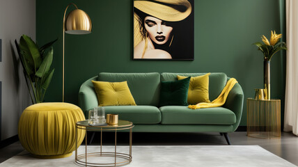 Luxury living room house  modern interior design, green velvet sofa, coffee table, pouf, gold decoration, plant, lamp, carpet, mock up poster frame elegant accessories. Template