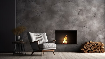 Modern room concept interior style, chair fireplace frame wicker carpet decoration