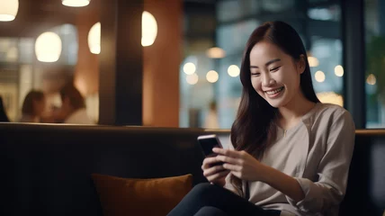 Fotobehang Smiling woman using mobile phone sitting in coffee bar © wiparat