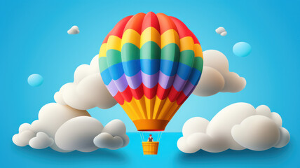 hot air balloon, cloud and rainbow  blue sky background - obrazy, fototapety, plakaty