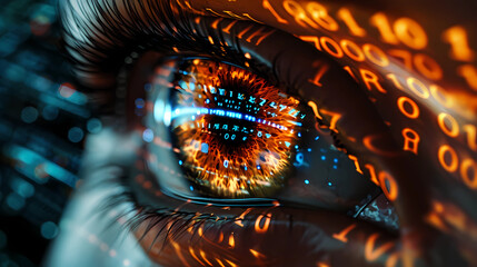 Fototapeta na wymiar A digital eye with binary code and network data