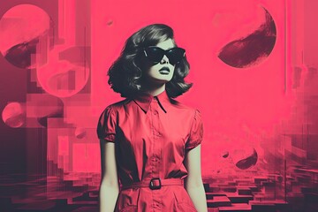 A woman with glasses on a futuristic background.