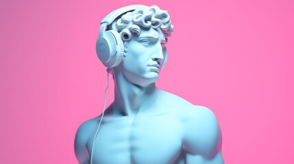 Statue of Apollo with headphones on pink background.