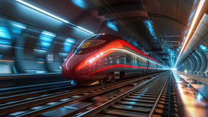 fast modern express passenger train high speed railway hyperloop moving flash light Futuristic technology hi tech future digital transport hyperloop concept - obrazy, fototapety, plakaty