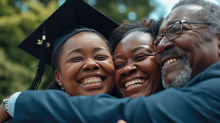 joyous moment of a girl's graduation with her proud parents - obrazy, fototapety, plakaty