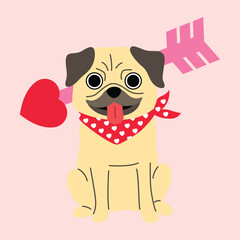 Pug dog with heart arrow headband and bandana scarf cartoon illustration