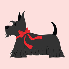 Scottish Terrier with bow collar cartoon illustration,happy Valentines day greeting card