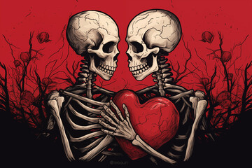 two skeletons in love hugging each other, Valentine's Day postcard, Valentine's Day card, generative AI