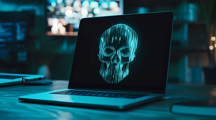A laptop with a hacker face and a skull indicating a cyberattack - obrazy, fototapety, plakaty