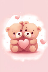 two cute little teddy bears with pink hearts, for valentine's day postcard, valentine's day card, generative AI