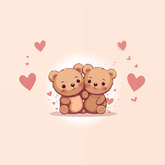 Obraz premium two cute little teddy bears with pink hearts, for valentine's day postcard, valentine's day card, generative AI