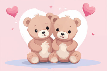 Obraz na płótnie Canvas two cute little teddy bears with pink hearts, for valentine's day postcard, valentine's day card, generative AI
