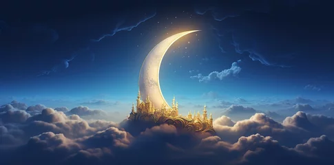 Fotobehang The moon shines brightly at night above the sea of ​​beautiful clouds. generative AI © original logo