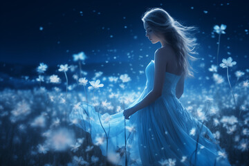 Beautiful young woman walking at night in the field with tender flowers. 