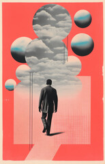Conceptual illustration: daydream, man with his head in the clouds, imagination running away with you. Style: trendy screenprint risograph artwork. Format: Print style illustration