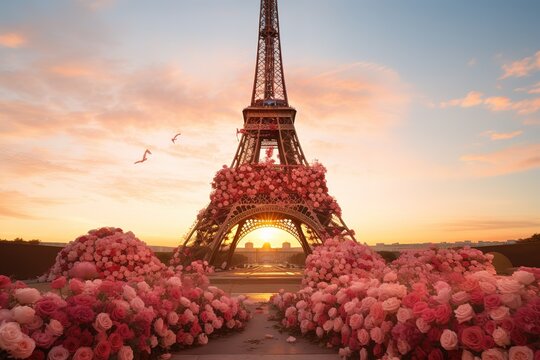 Skyline of Paris city roofs with Eiffel Tower with beautiful spring flowers Paris, France Generative AI