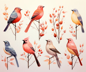 Set of bird on branch watercolor