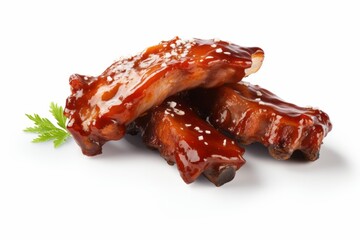 Tasty Pork Ribs Cut, Slow-Cooked and Glazed, Against a Clean White Canvas, Generative AI