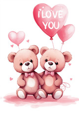 two cute little teddy bears with a pink heart-shaped balloon with the words i love you, generative AI