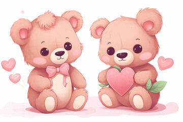 Naklejka premium two cute little teddy bears with pink hearts, for valentine's day postcard, valentine's day card, generative AI