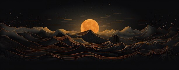 An illustration of black hills with a golden yellow moon behind them. generative AI