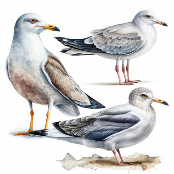 Set of seagulls watercolor